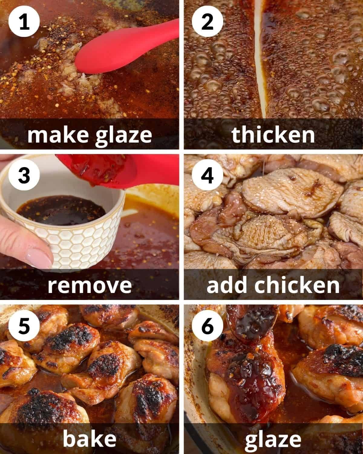 A 6 photo collage showing the assembly of brown sugar garlic chicken.