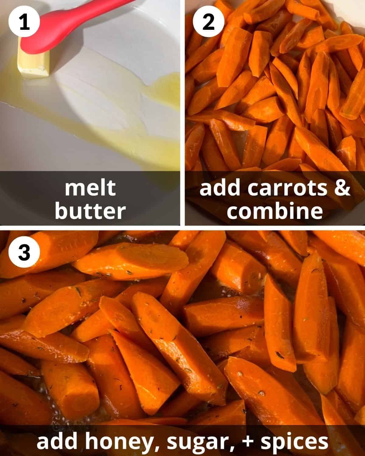 A 3 photo collage showing melting the butter and adding carrots.