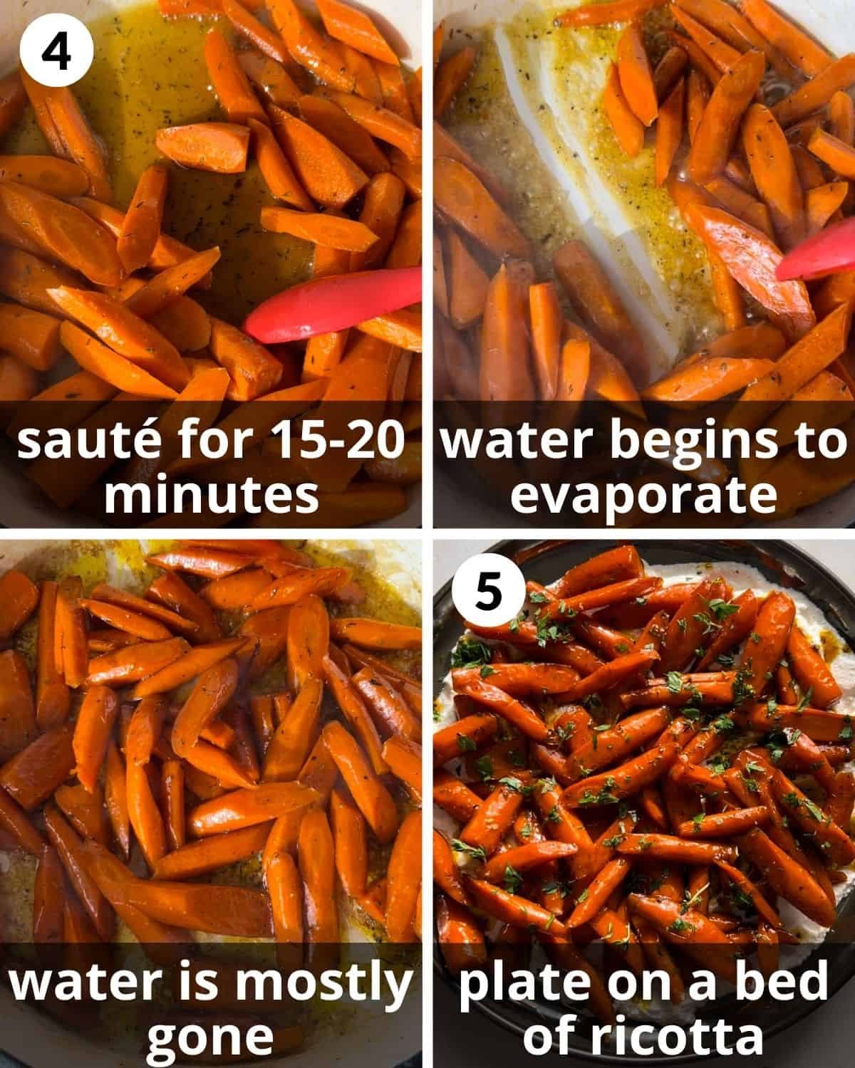 A 4 photo collage showing how to caramelize the carrots.