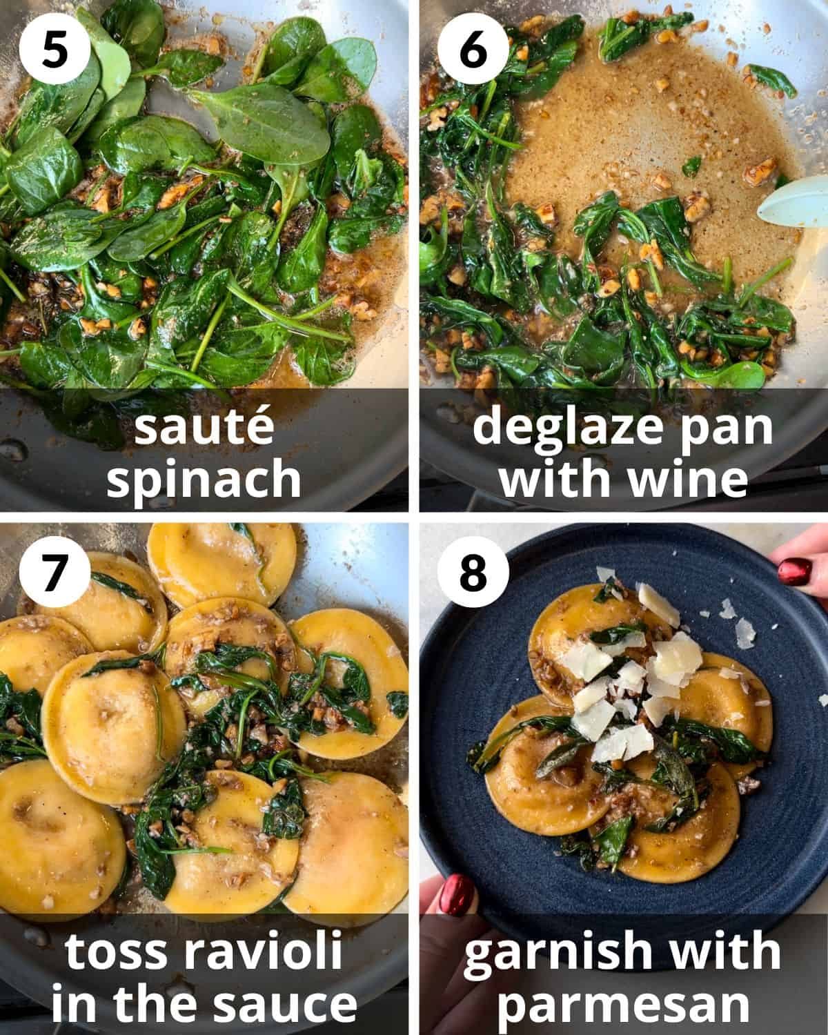 A 4 photo collage showing the final assembly of butternut squash ravioli sauce.