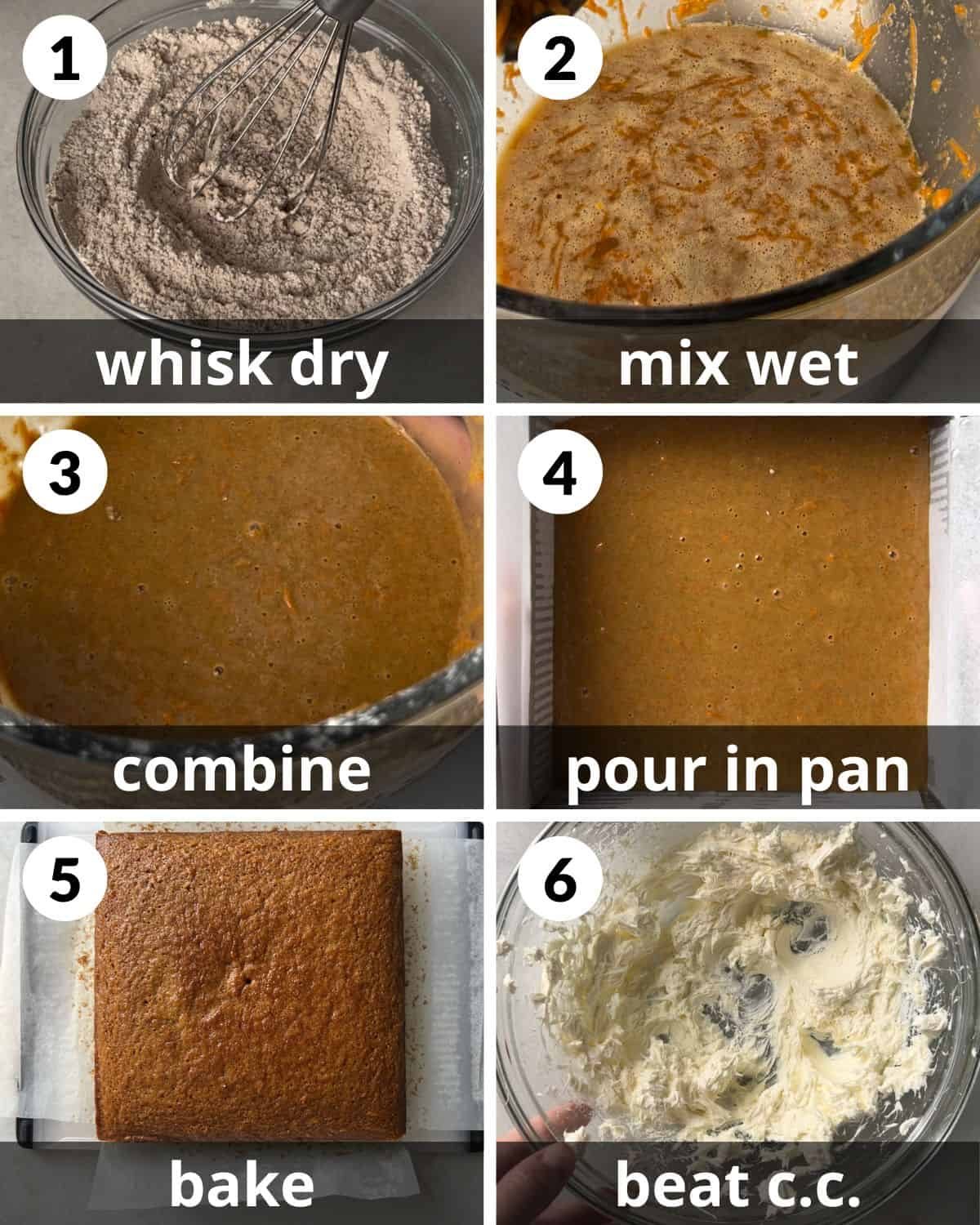 A 6 photo collage showing the assembly of carrot snack cake.