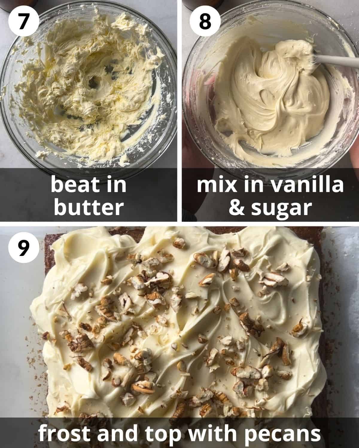 A 3 photo collage showing the final assembly of carrot snack cake.