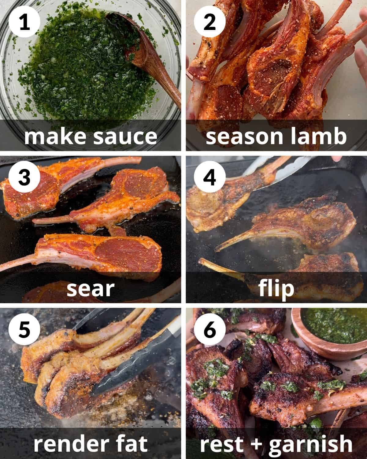 A 6 photo collage showing the assembly of lamb chops in cast iron skillet.