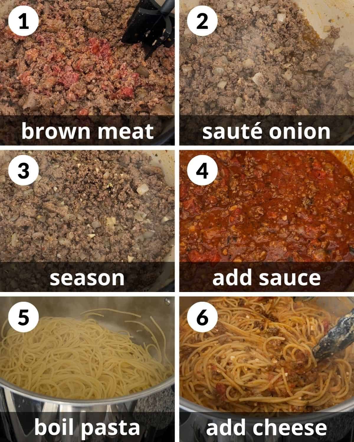 A 6 photo collage showing the beginning assembly of cheesy baked spaghetti.
