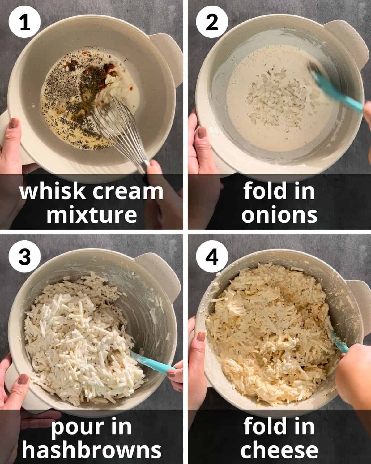 A 4 photo collage showing the beginning steps of hashbrown casserole without soup.