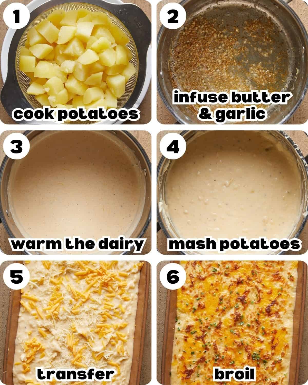A 6 photo collage showing the steps for cheesy mashed potatoes.