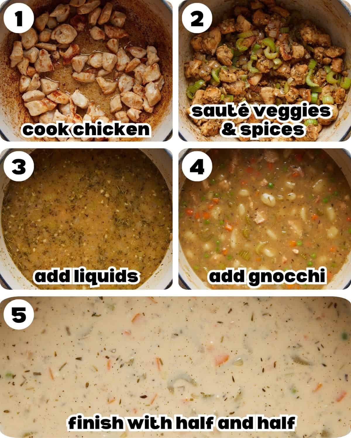 A five photo collage showing the steps for chicken and dumplings with gnocchi.