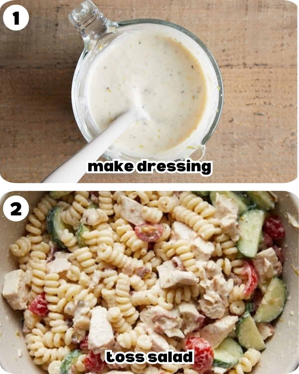 A two photo collage showing the steps for chicken caesar pasta salad.