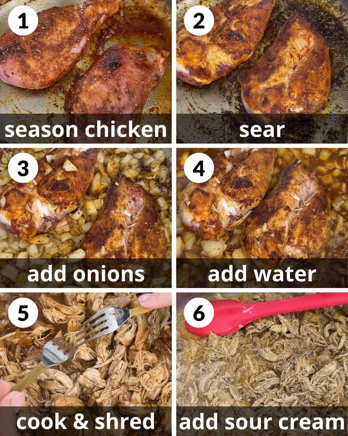 A 6 photo collage showing the beginning assembly of chicken enchiladas with green sauce.
