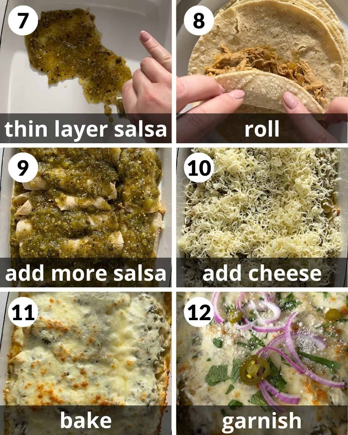A 6 photo collage showing the final assembly of chicken enchiladas with green sauce.
