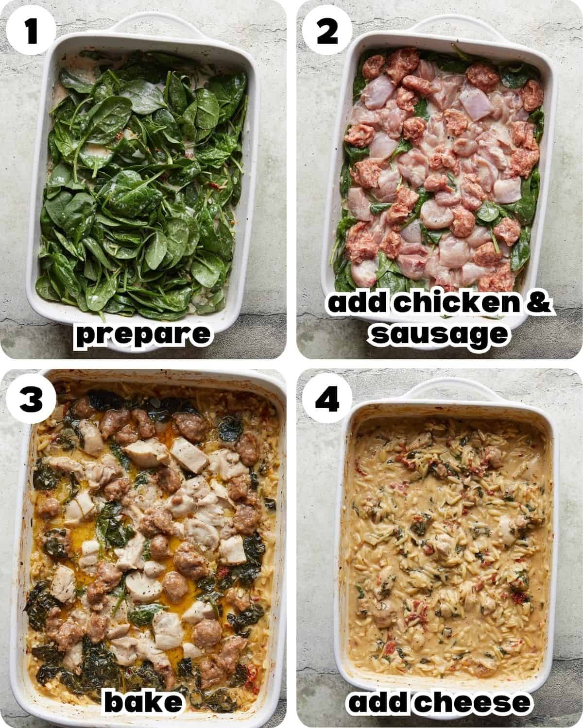 A four photo collage showing the steps for chicken and orzo bake.