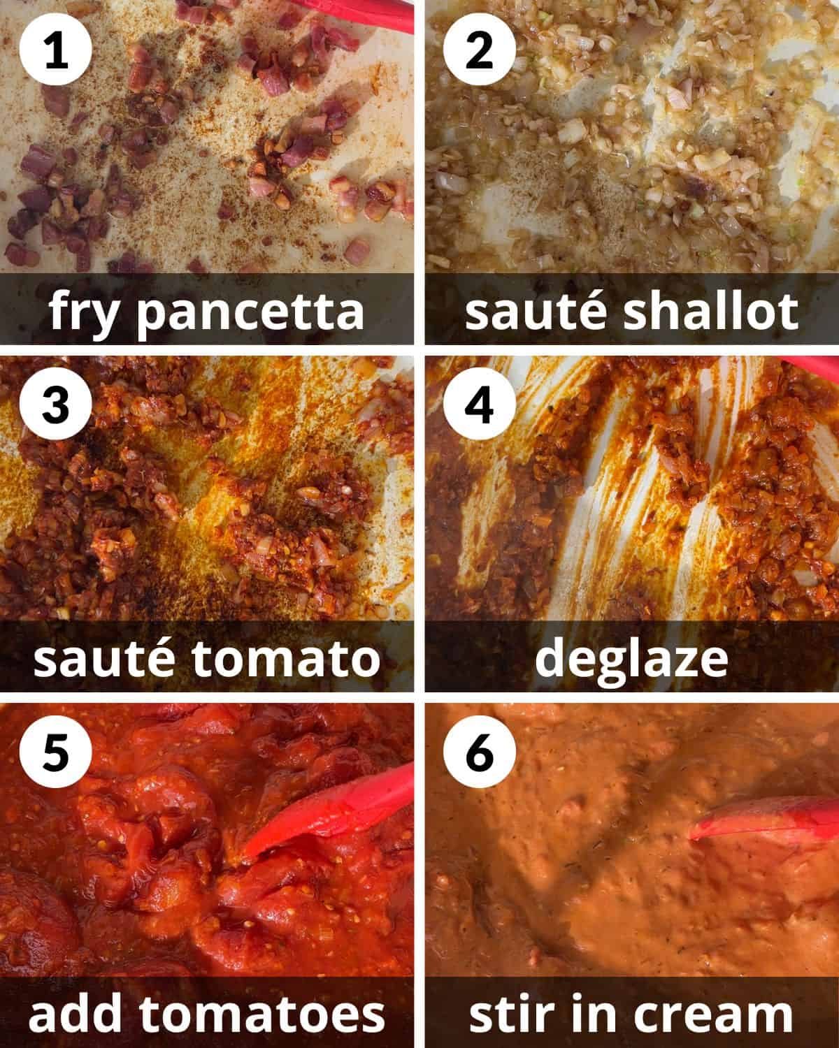 A 6 photo collage showing the first six steps for penne alla vodka with chicken.