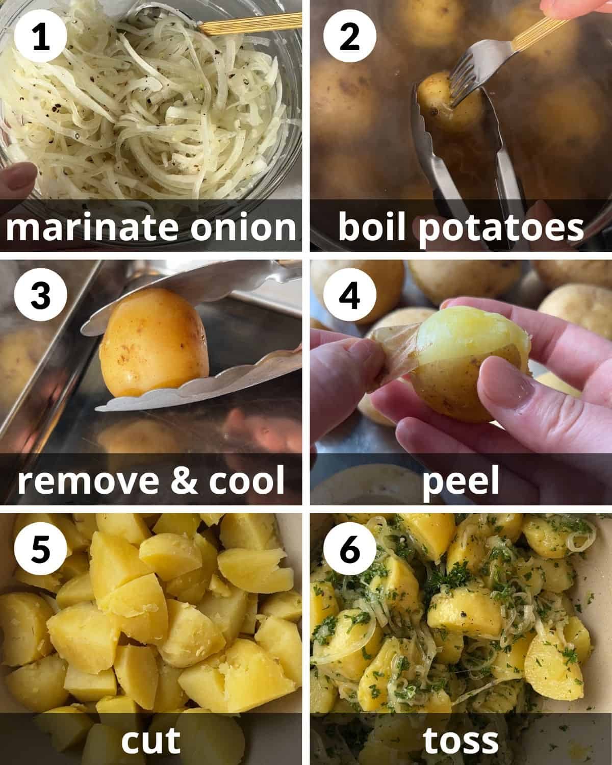 A 6 photo collage showing the assembly of Lebanese potato salad.