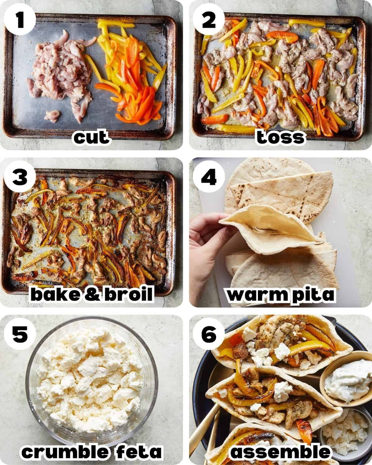 A six photo collage showing the steps to make chicken pita pockets recipe.