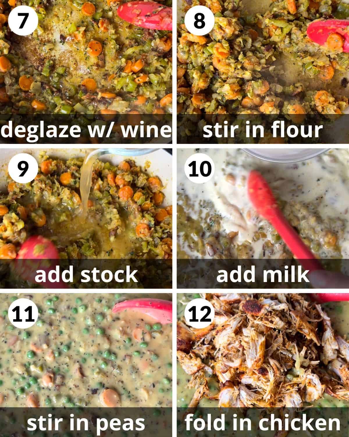 A 6 photo collage showing the assembly of ingredients for chicken pot pie puff pastry.