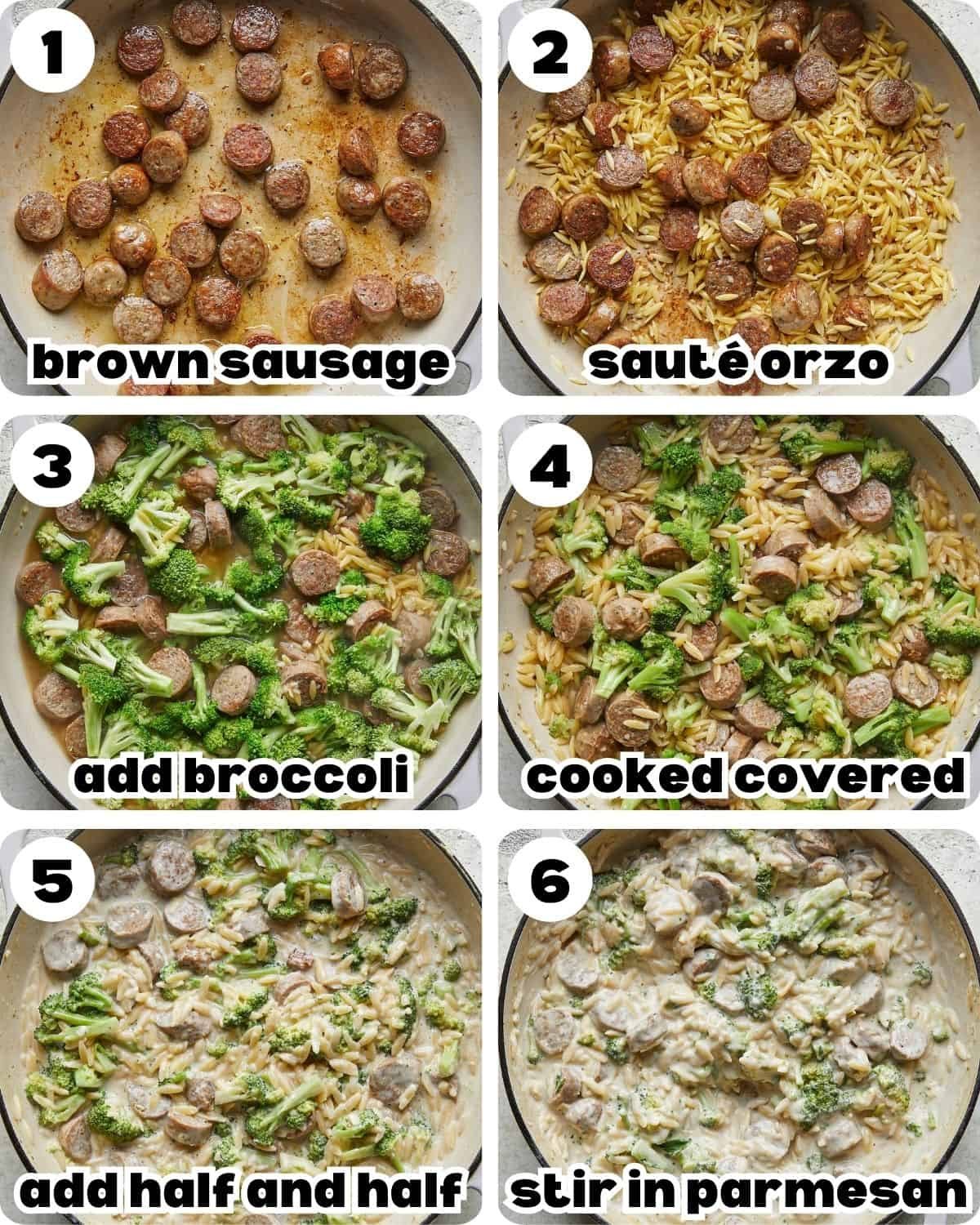 A 6 photo collage showing the assembly of chicken sausage orzo recipe.