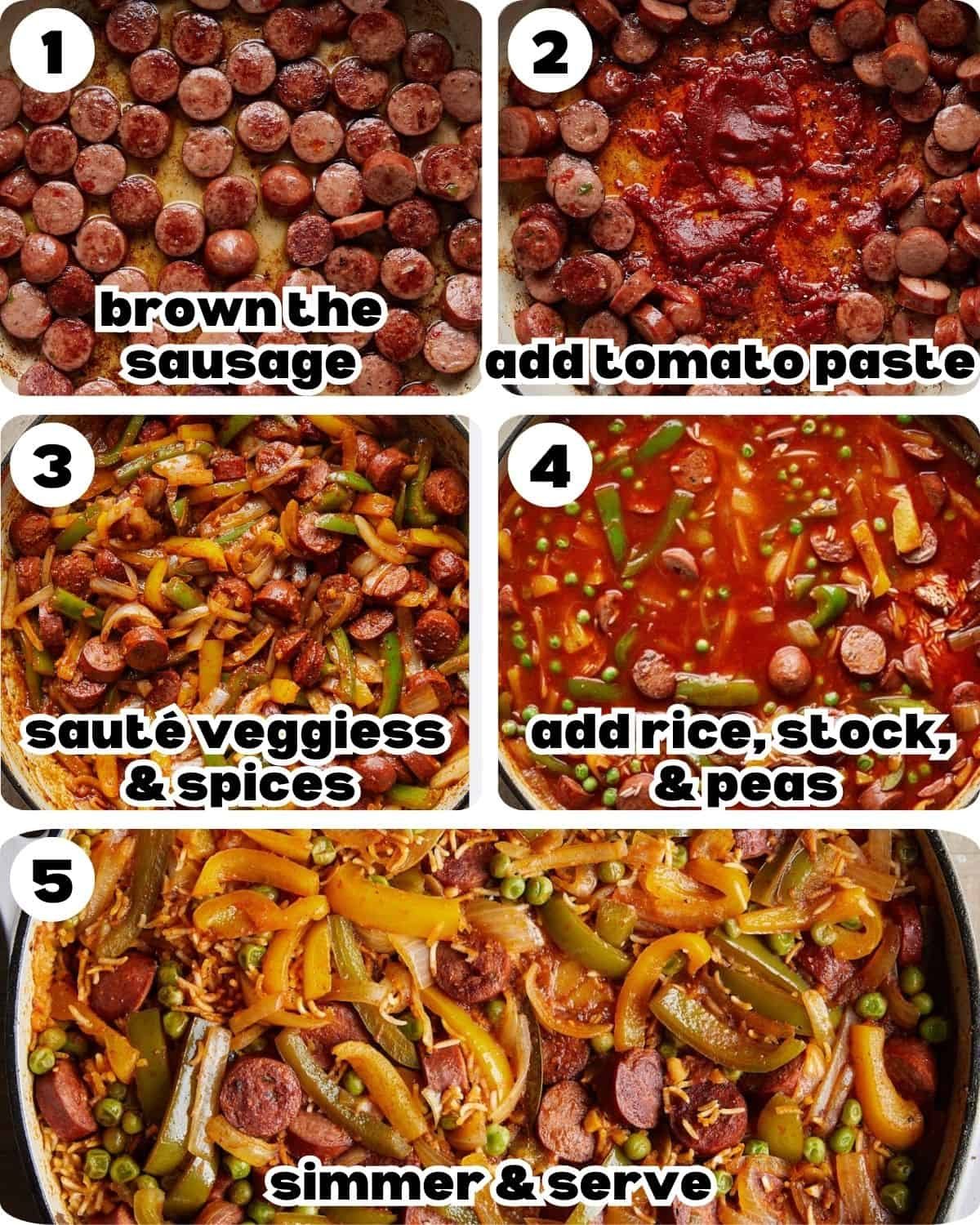 Sausage browned, tomato paste cooked, vegetables and seasonings sautéed, rice and broth added, and finished Cajun sausage and rice in the skillet.