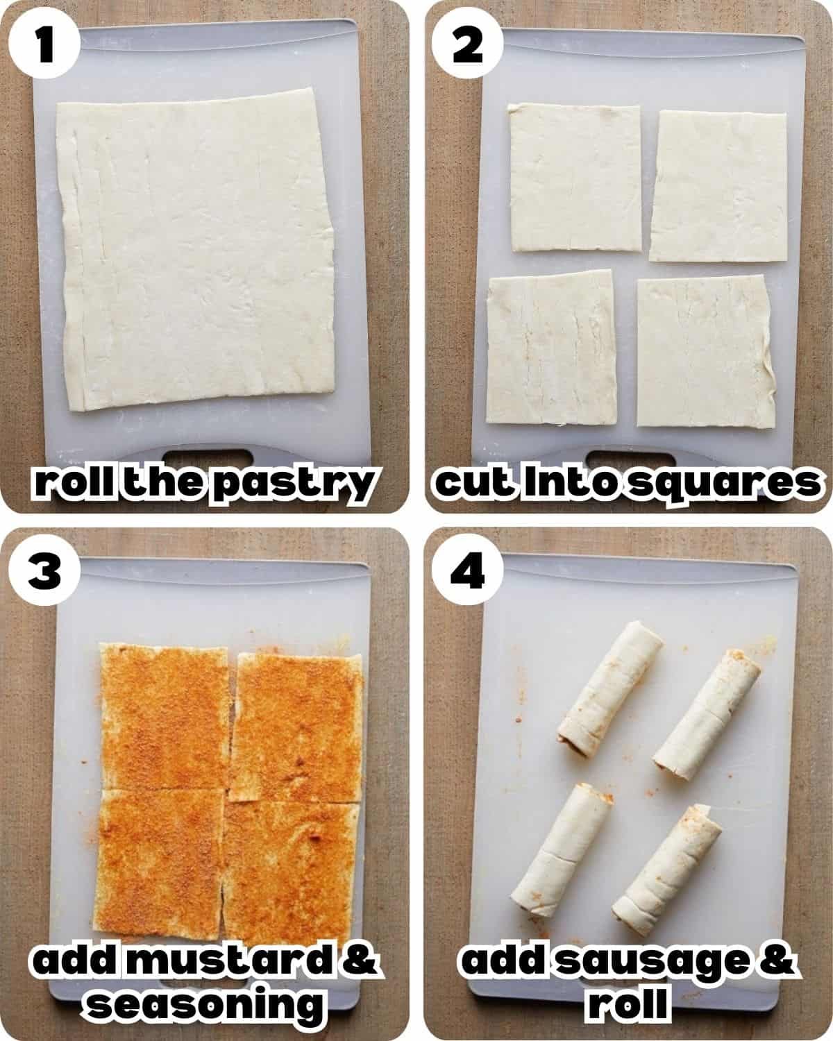 A four photo collage showing the beginning steps for chicken sausage rolls with puff pastry.