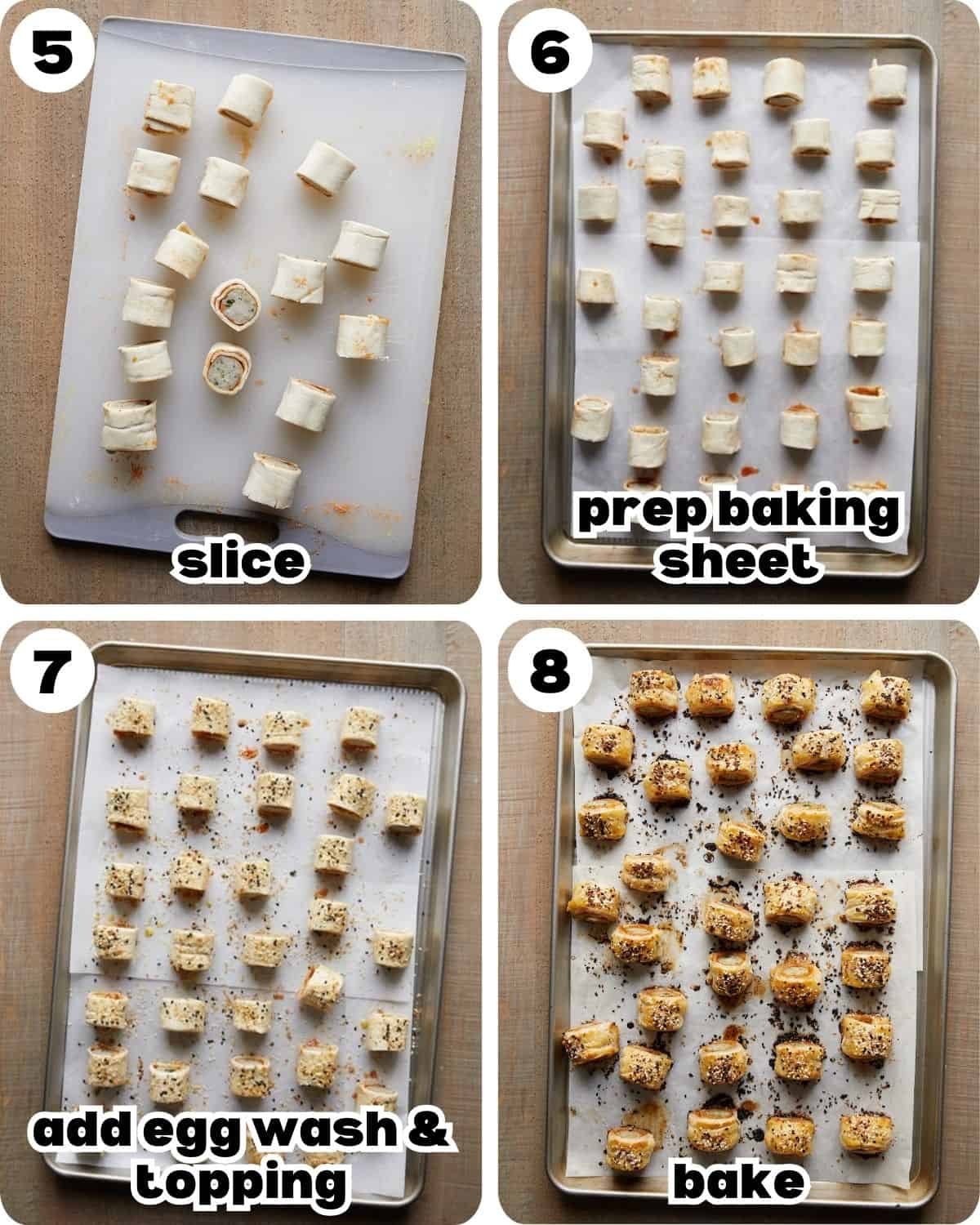 A four photo collage showing the final steps for chicken sausage rolls with puff pastry recipe.