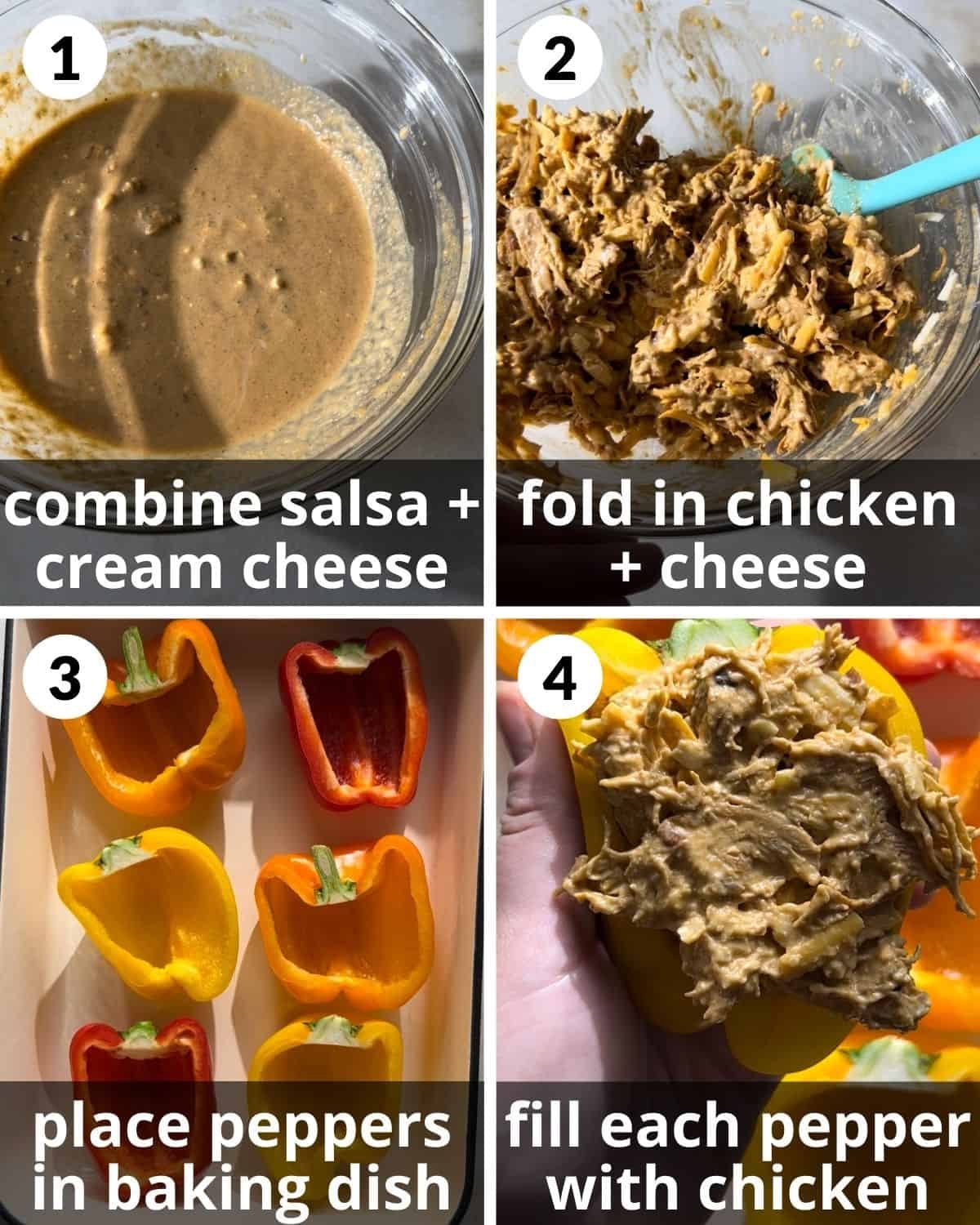 A 4 photo collage showing how to make the filling and stuff peppers.