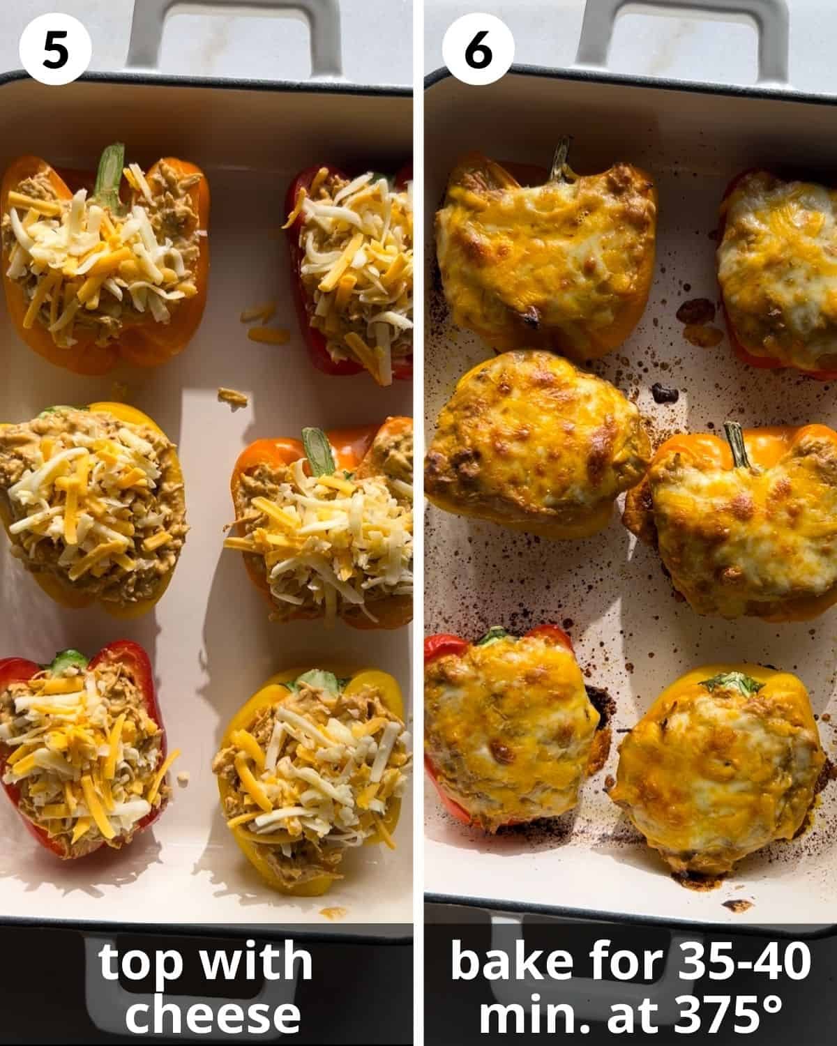 A 2 photo collage showing baking the stuffed peppers.