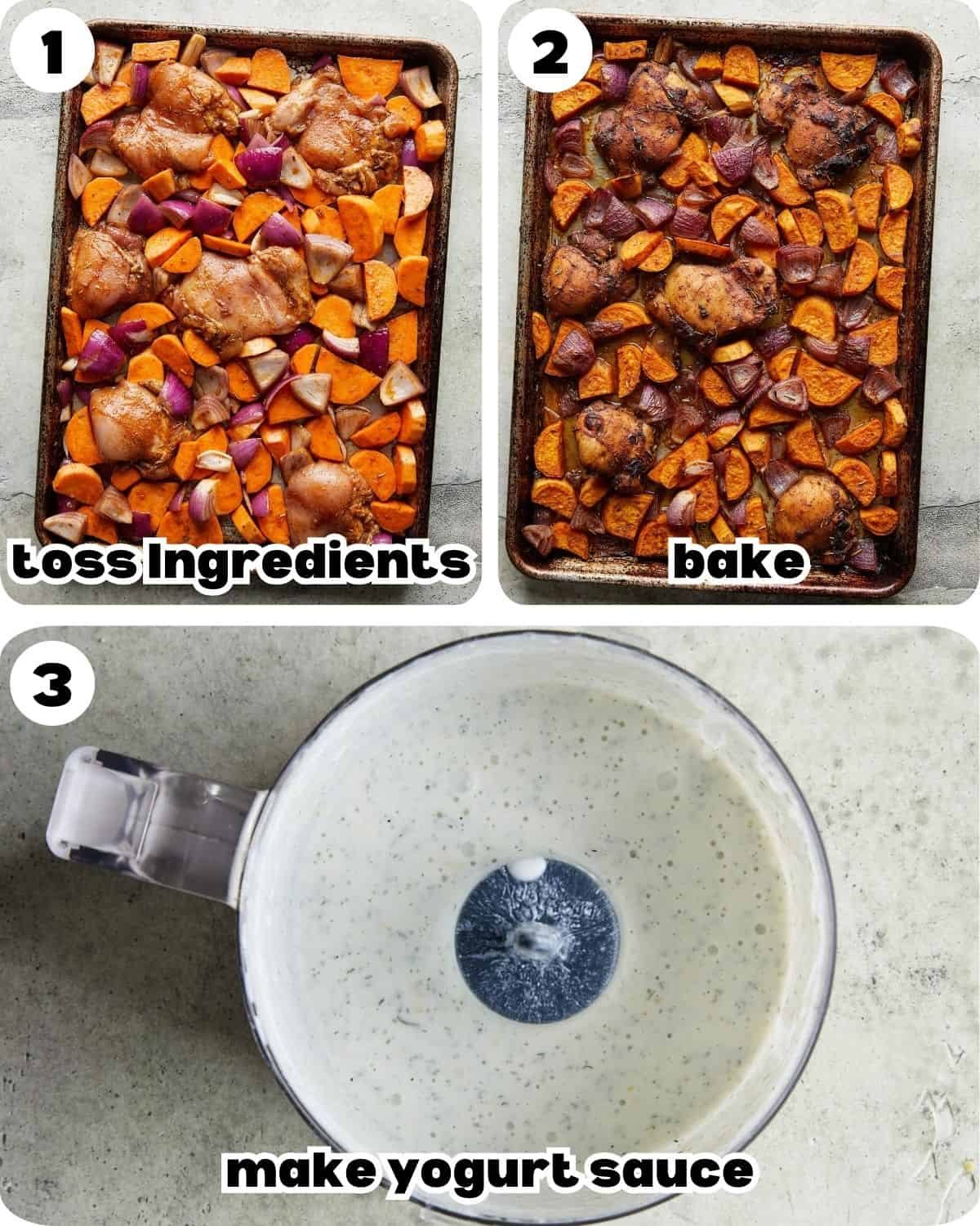 A three photo collage showing the steps for sheet pan chicken and sweet potatoes.