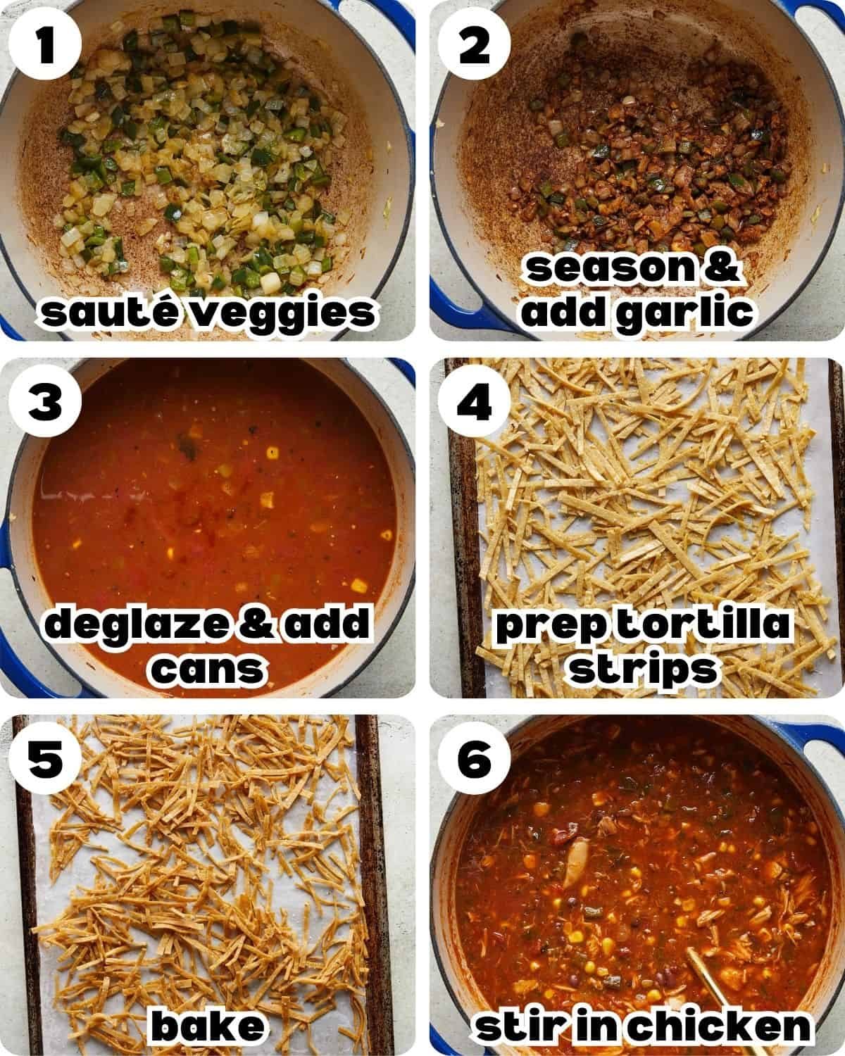 A 6 photo collage showing the steps for chicken tortilla soup with rotisserie chicken.