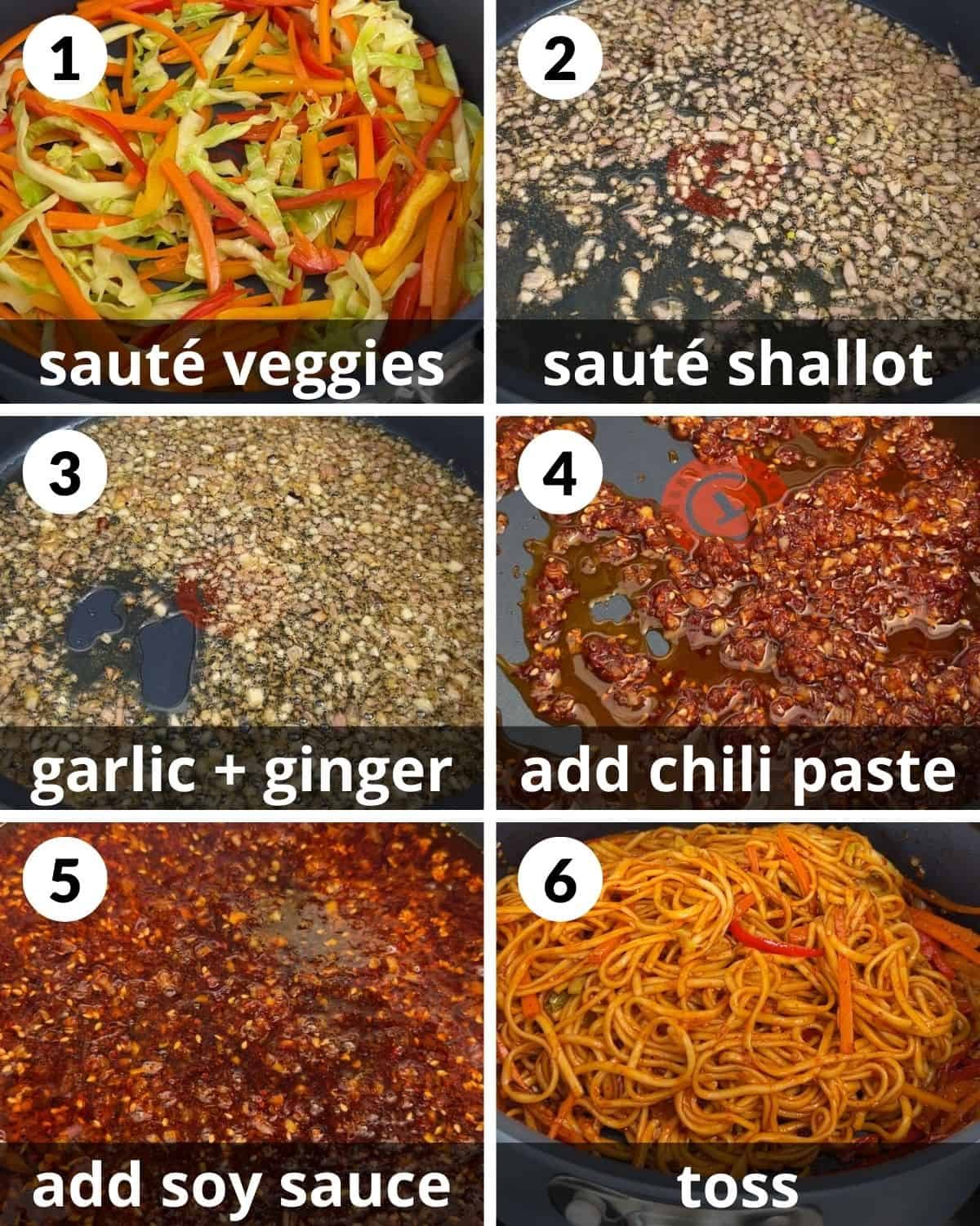 A 6 photo collage showing the assembly of chili garlic noodles.