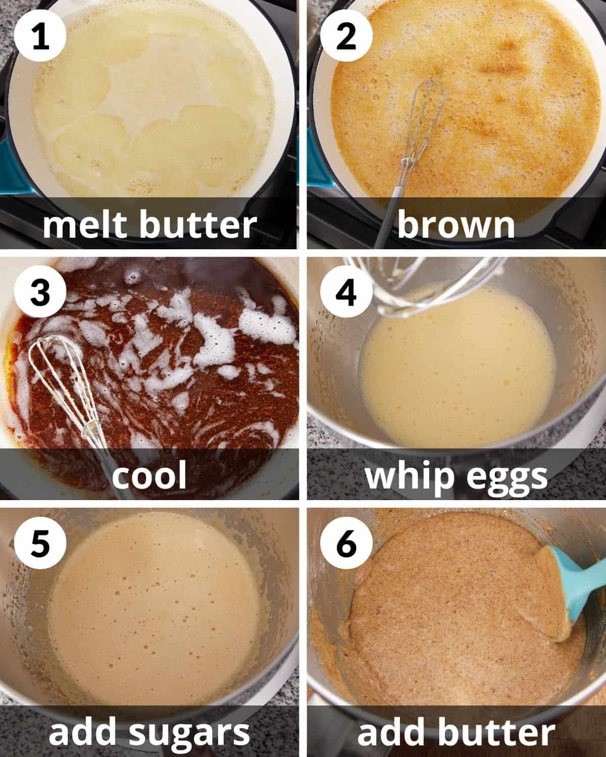 A 6 photo collage showing the beginning assembly of chocolate chip cookie pie.