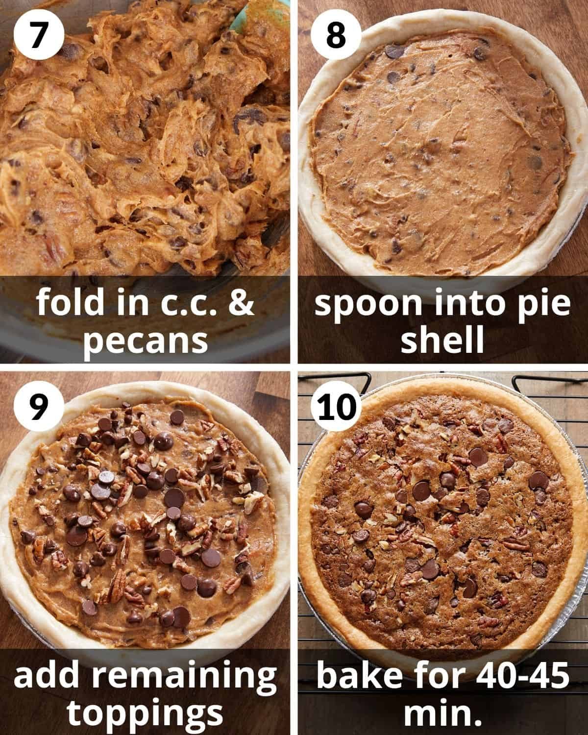 A 4 photo collage showing the final assembly of chocolate chip cookie pie.