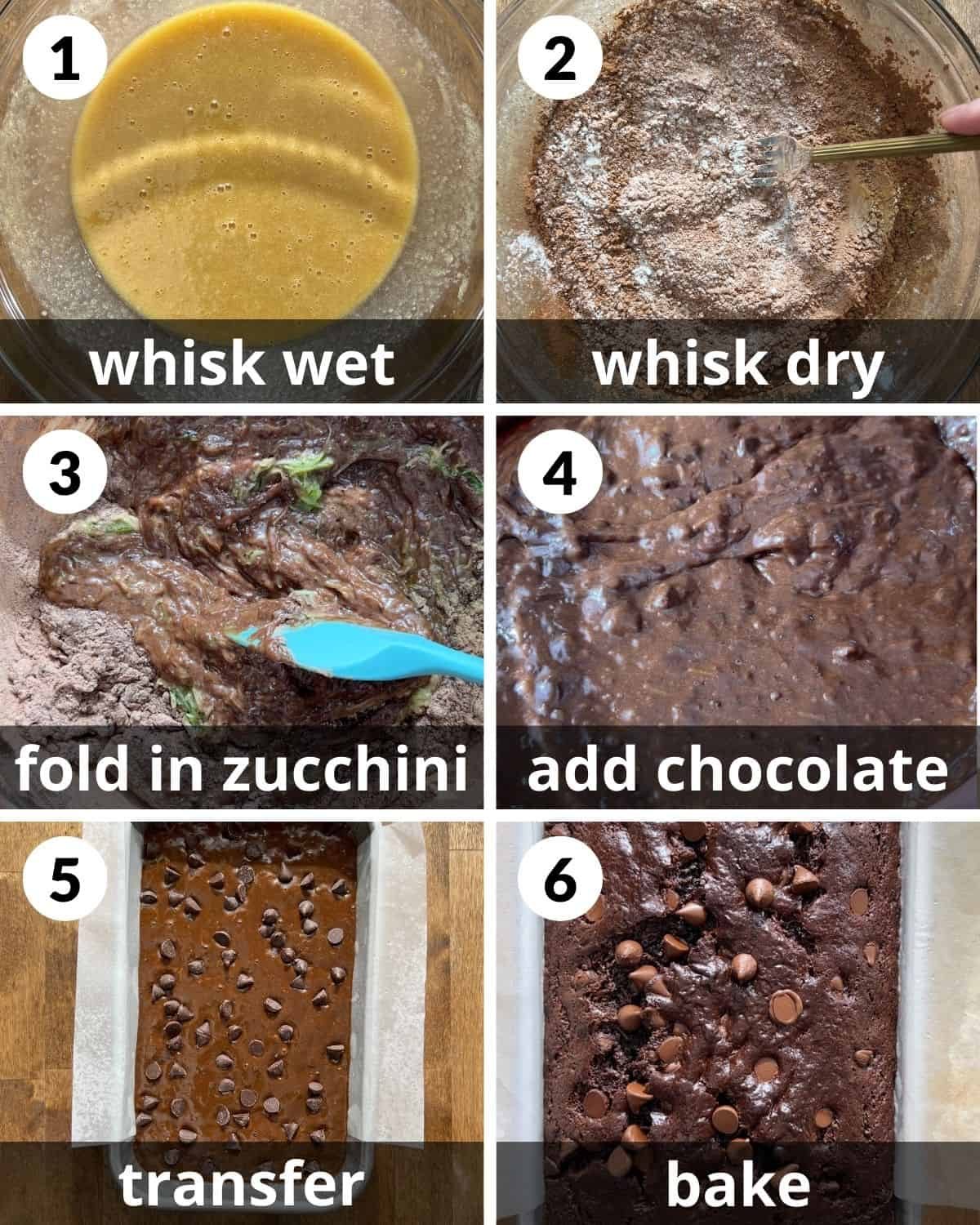 A 6 photo collage showing the assembly of chocolate olive oil zucchini bread.