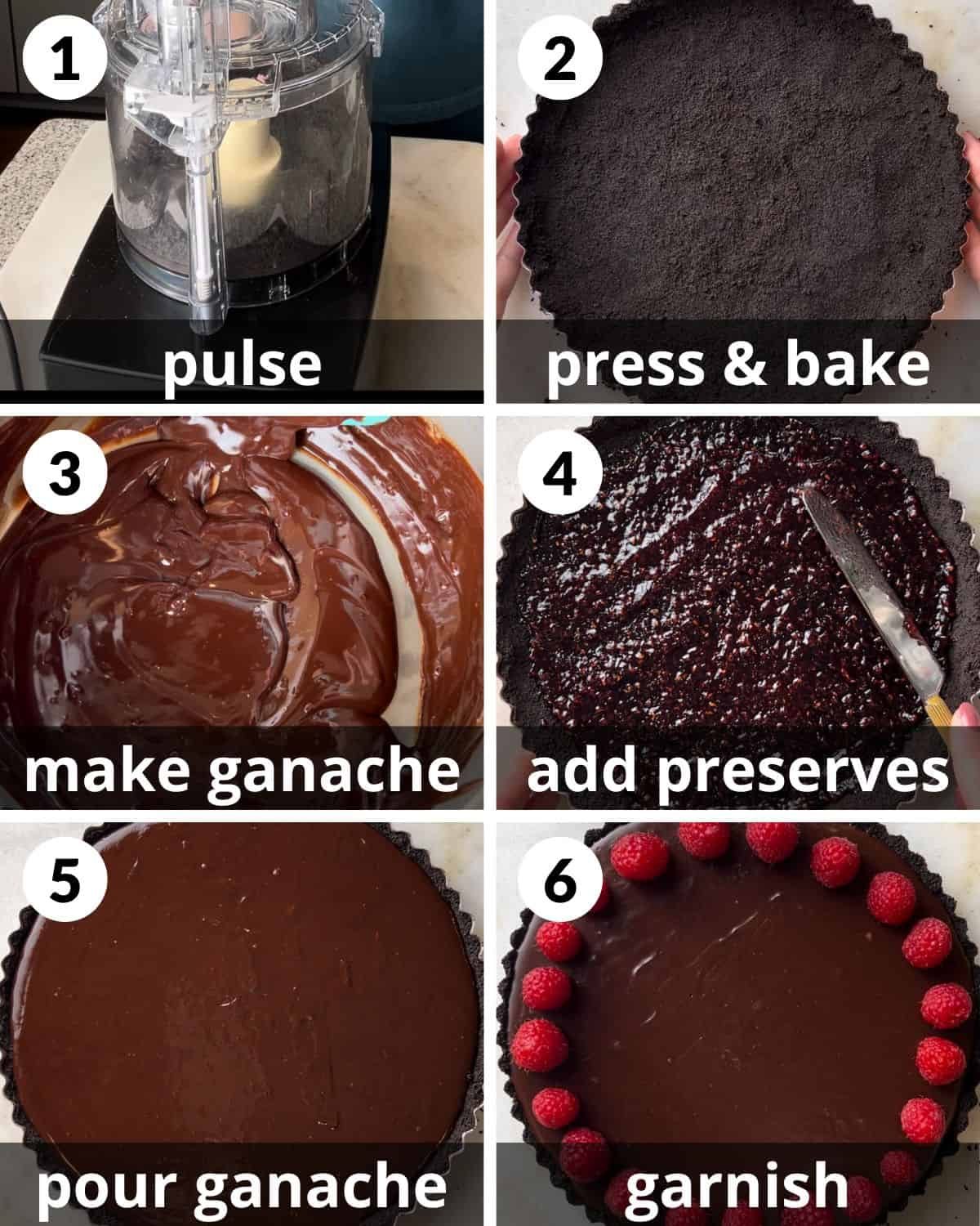 A 6 photo collage showing the assembly of chocolate raspberry tart.