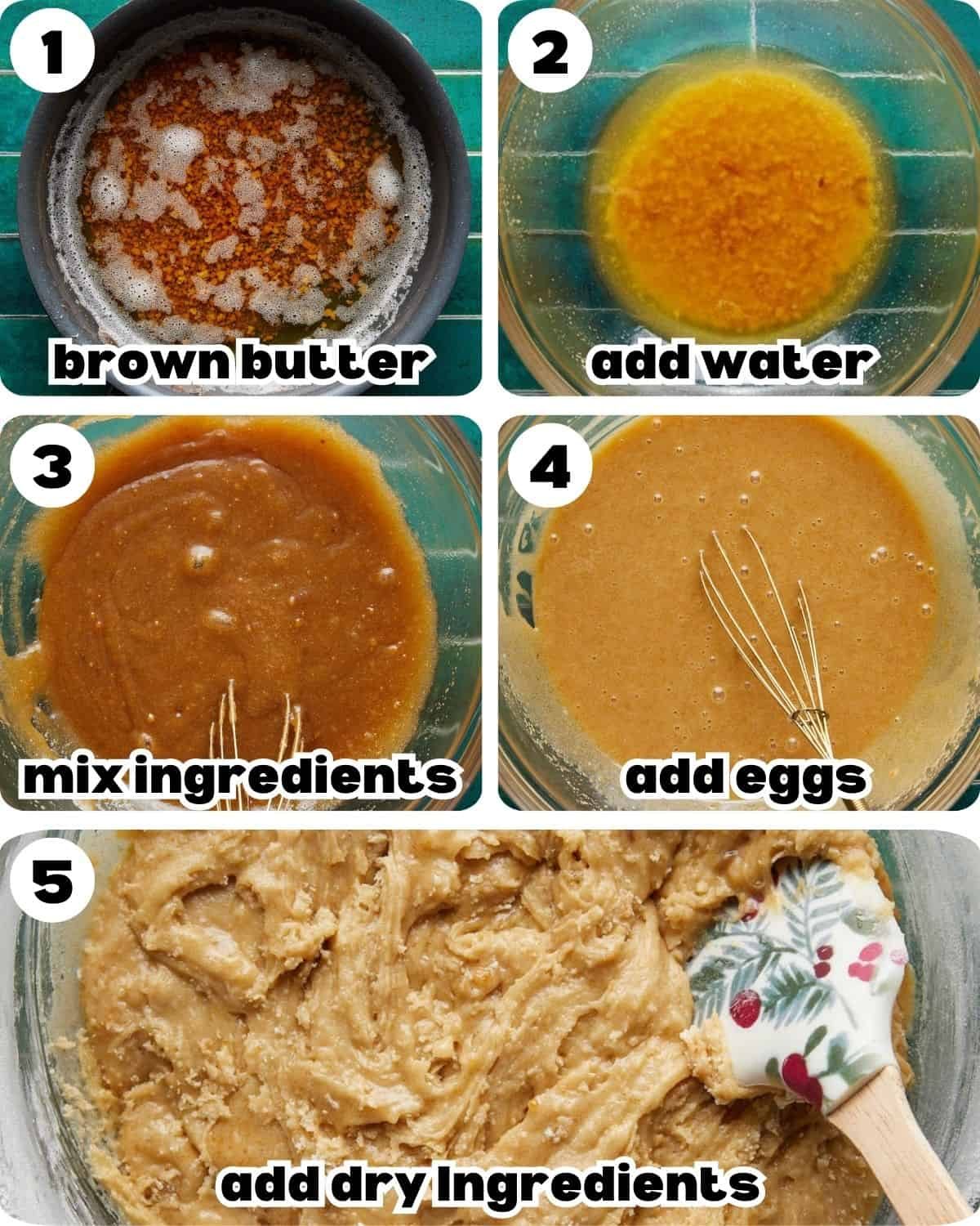 Five photo collage showing the beginning steps of making Christmas chocolate chip cookies, including browning butter, mixing wet ingredients, and adding dry ingredients.