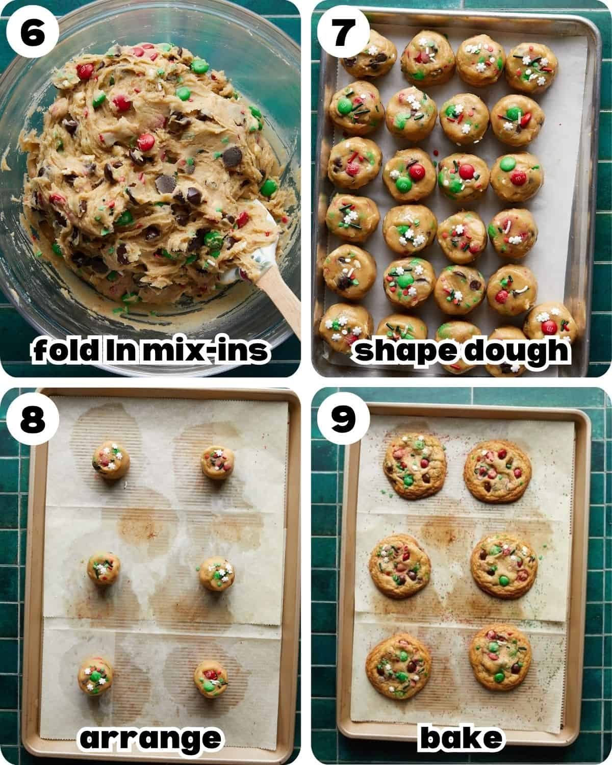 Four photo collage showing the final steps of making Christmas chocolate chip cookies, including scooping cookie dough, baking until golden, adding festive toppings, and cooling finished cookies.