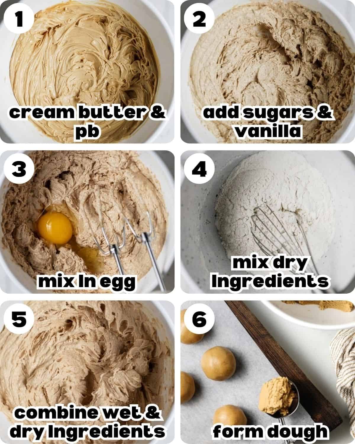 A 6 photo collage showing the beginning steps for Christmas peanut butter blossoms.