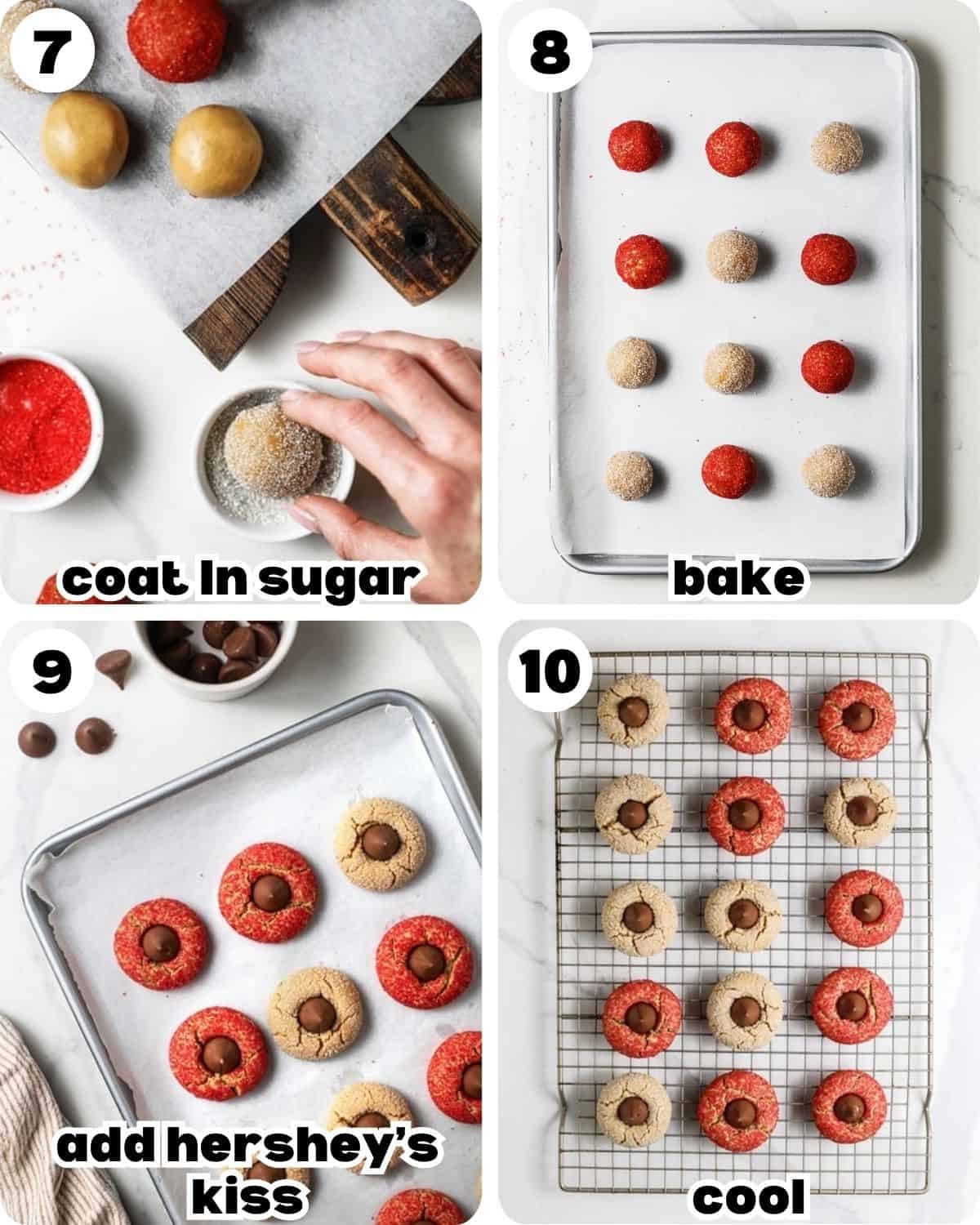 A four photo collage showing the final steps for Christmas peanut butter blossoms.