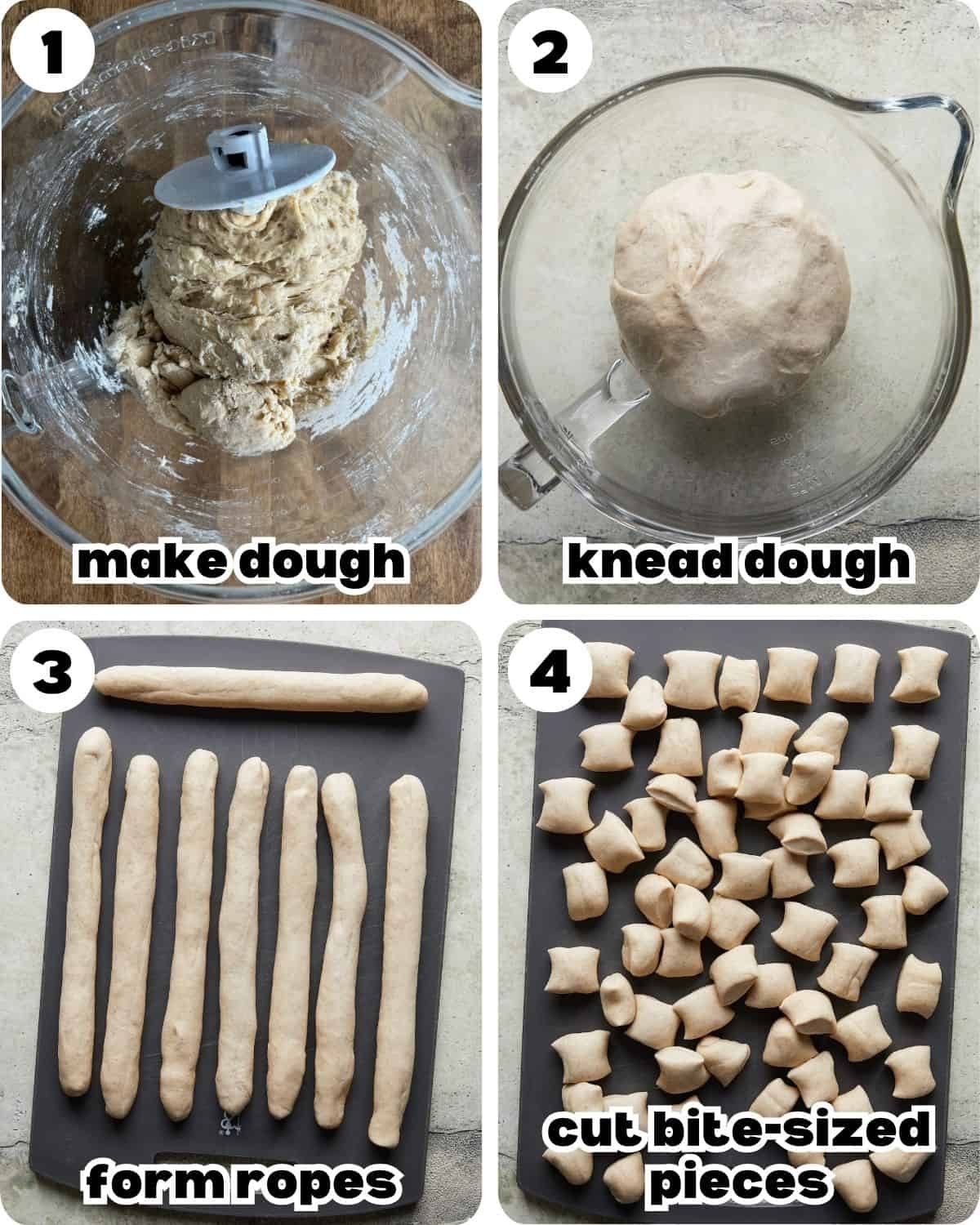 A four photo collage showing the beginning steps for cinnamon sugar pretzels.