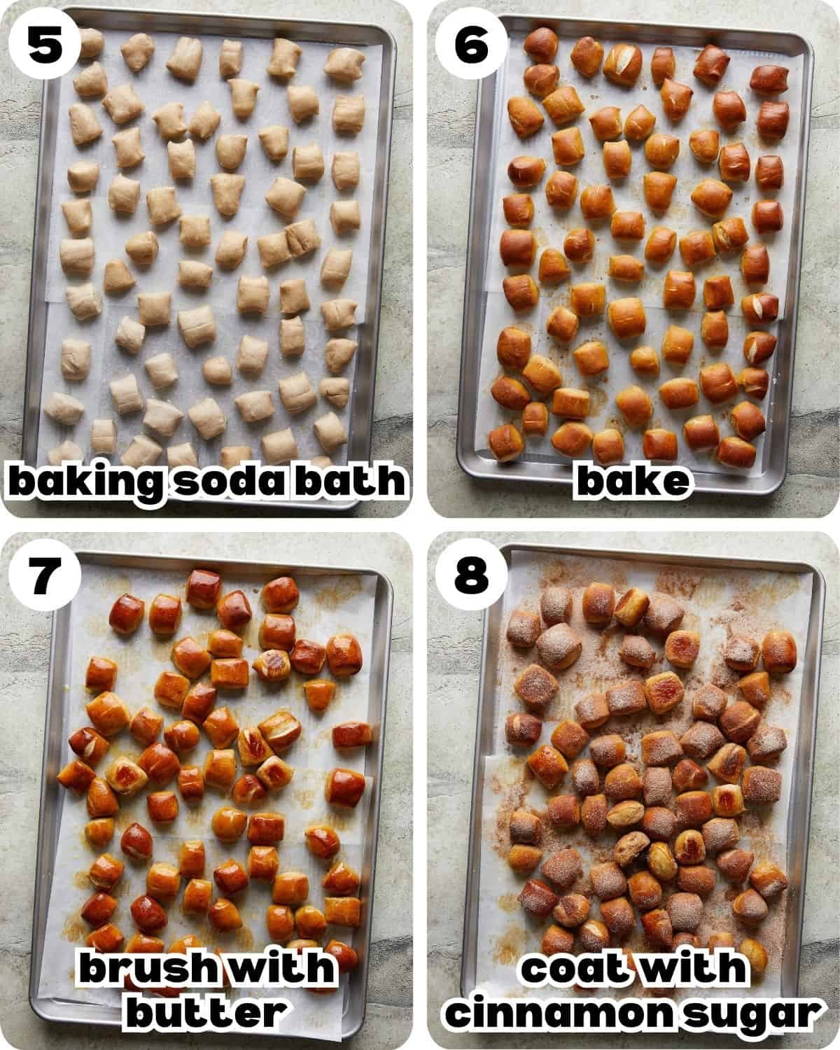 A four photo collage showing the final steps for cinnamon sugar pretzels.