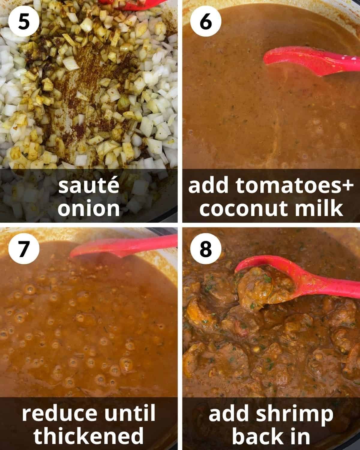A 4 image collage showing the final assembly of coconut curry shrimp.