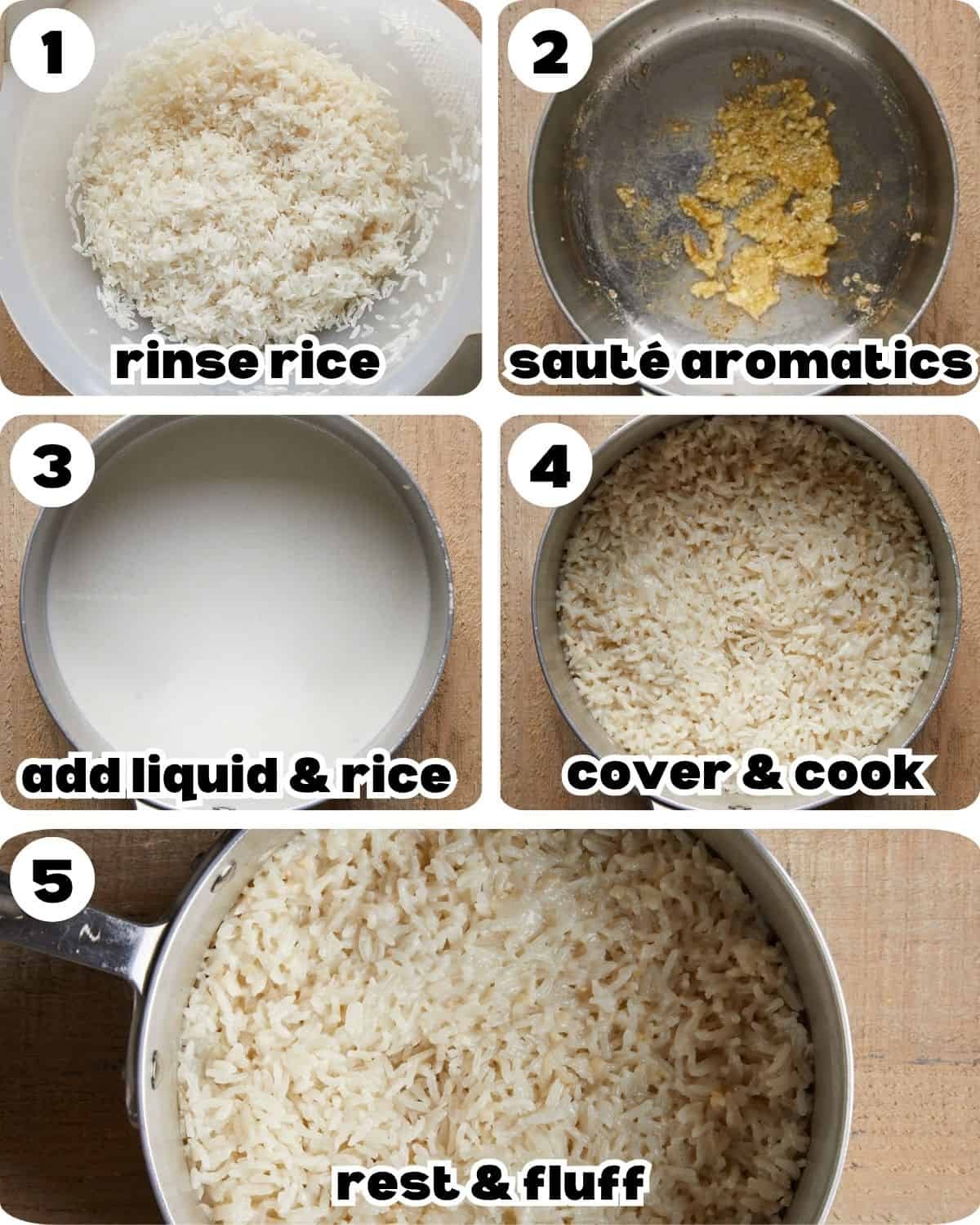 A five photo collage showing the steps for coconut jasmine rice.