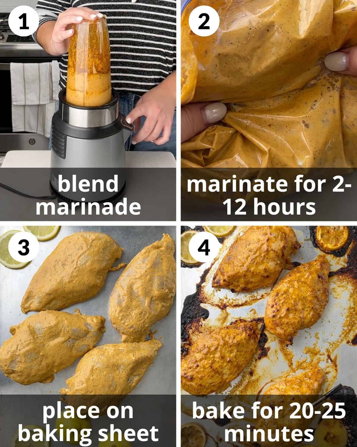 A 4 photo collage showing the assembly of lemon chicken marinade.