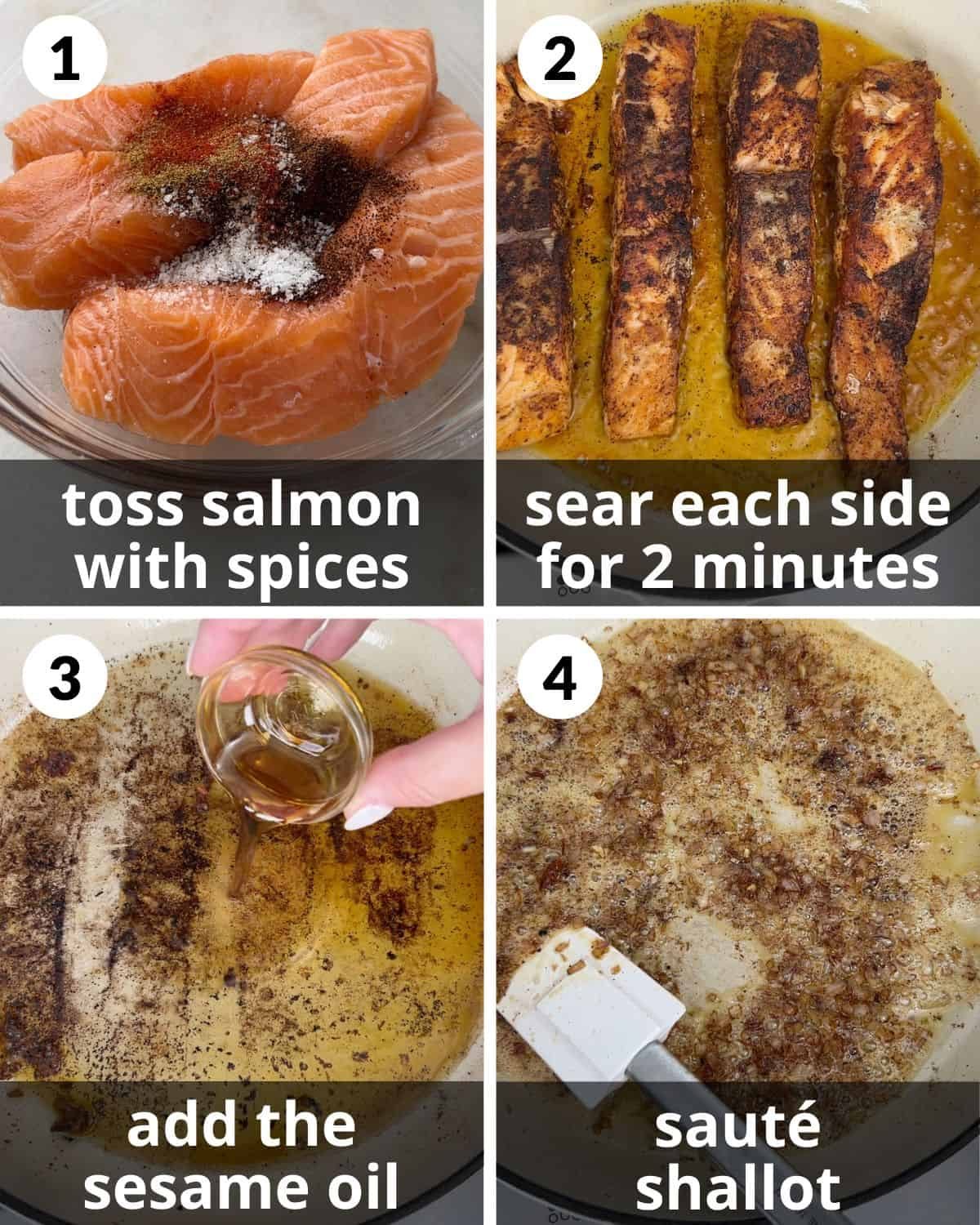 A 4 photo collage showing the assembly of coconut lime salmon.