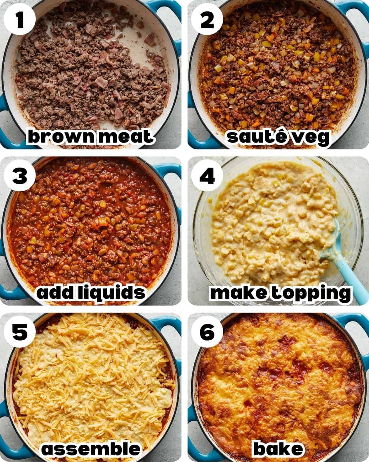 A 6 photo collage showing the steps for cornbread cowboy casserole.