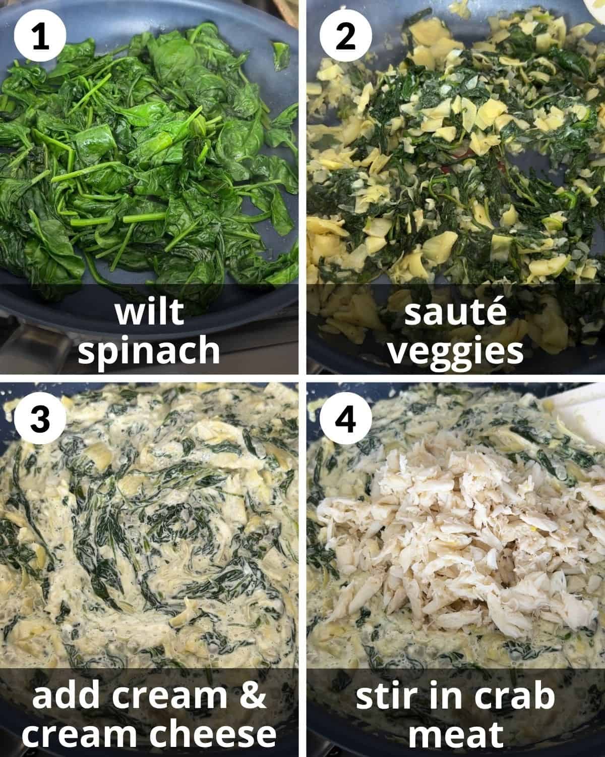 A 4 photo collage showing the beginning assembly for crab spinach artichoke dip.