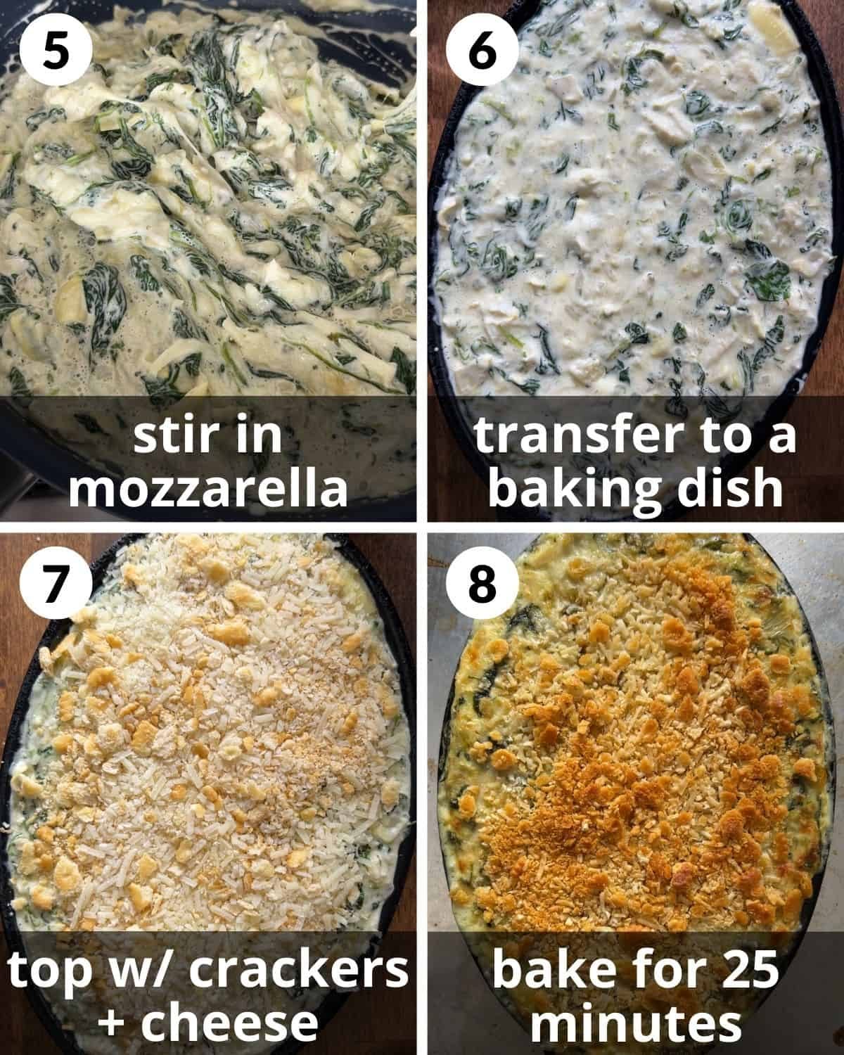 A four image collage showing the final assembly of crab spinach artichoke dip.