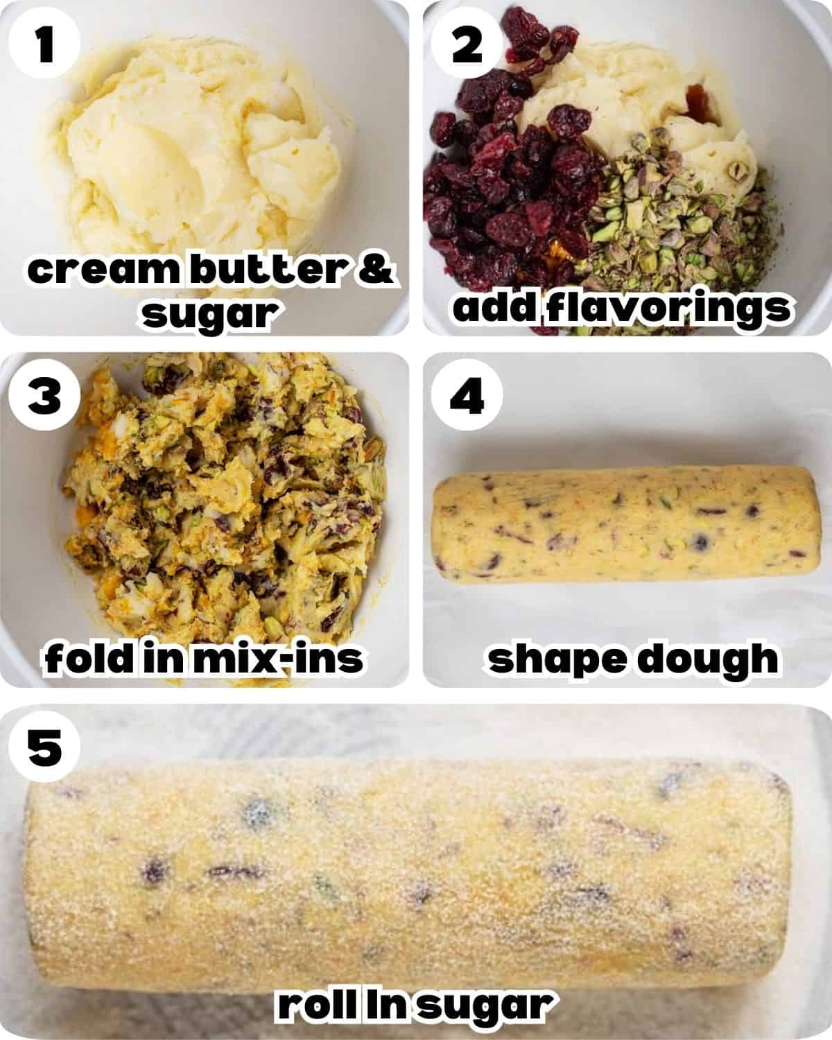 A 5 photo collage showing the beginning steps for cranberry pistachio shortbread cookies.