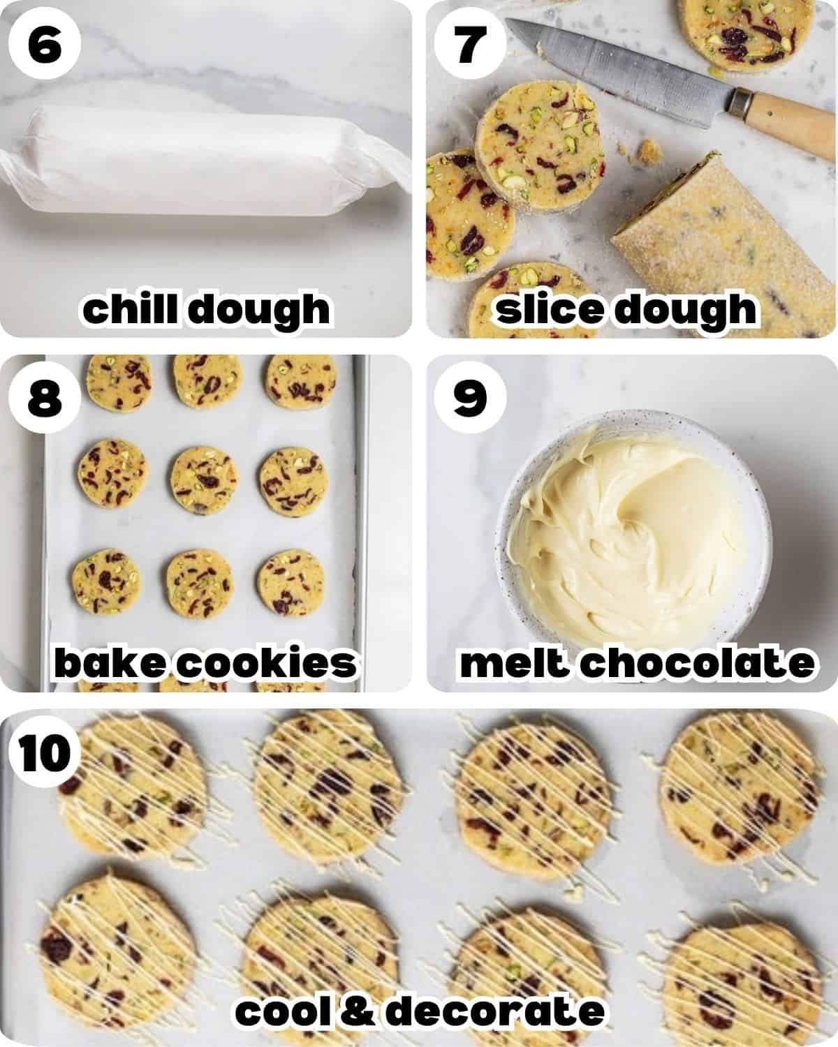 A 5 photo collage showing the final steps for cranberry pistachio shortbread cookies.