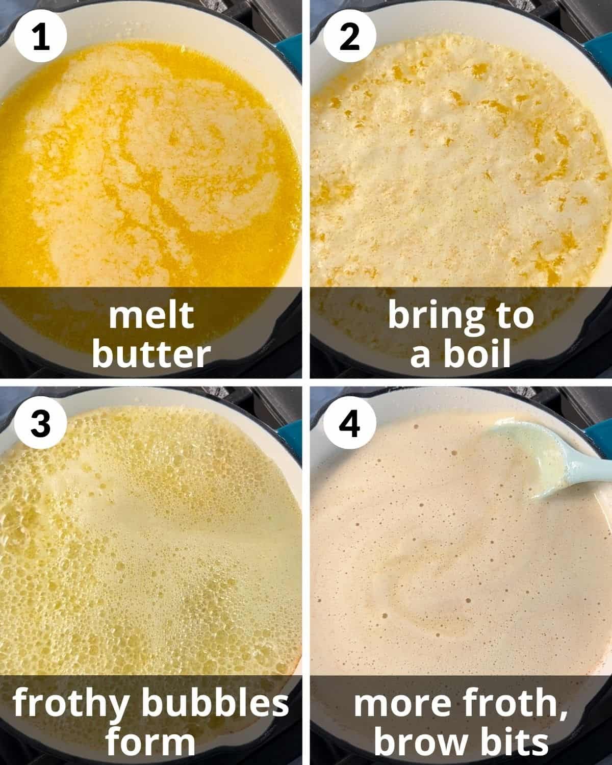 A four photo collage showing steps 1 through 4 for brown butter cinnamon rolls.