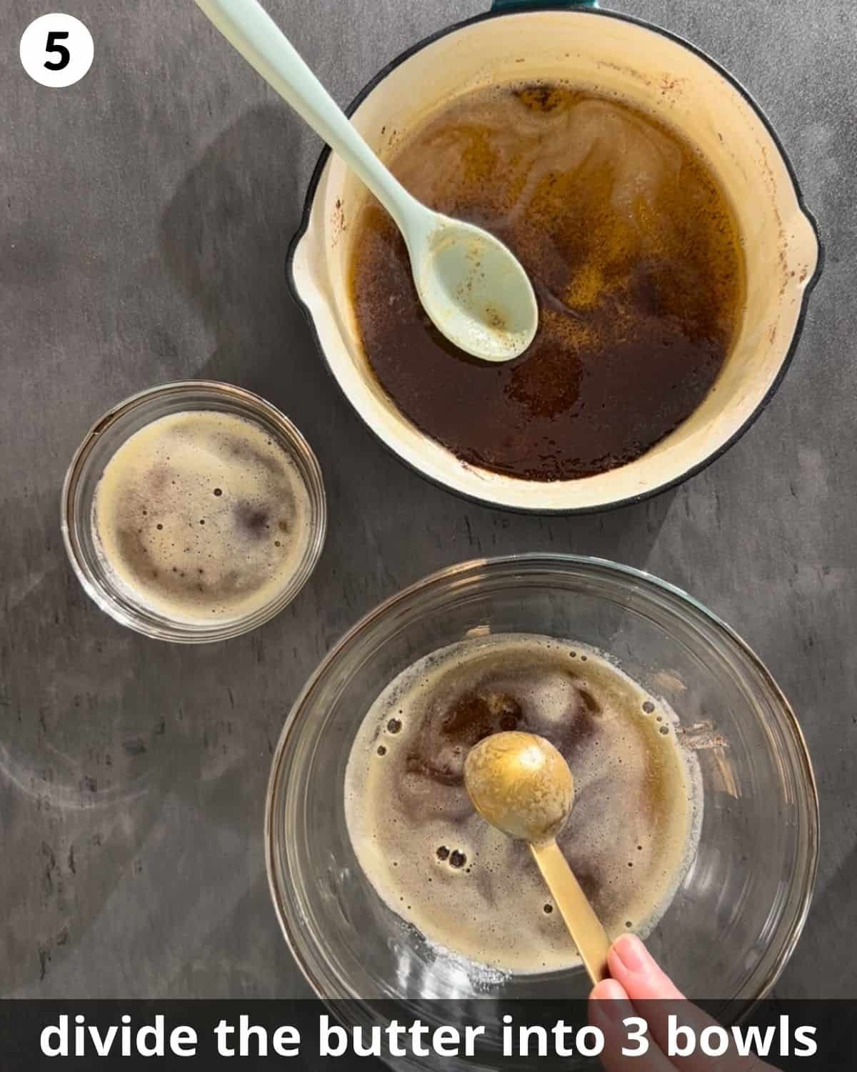 Photo showing brown butter process for brown butter cinnamon rolls.