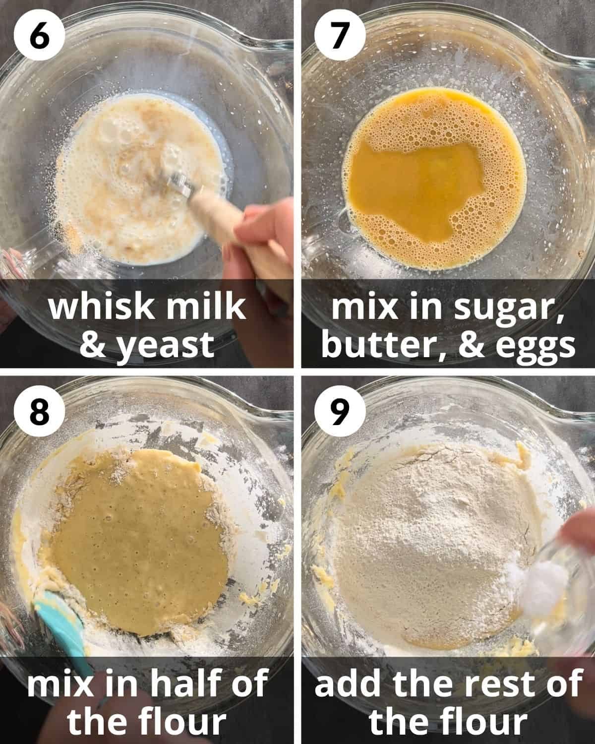 A four photo collage showing steps 6 through 9 for brown butter cinnamon rolls.